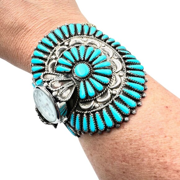 Vintage Native American Zuni Petit Turquoise Bracelet Sterling Silver Cuff 95 G - Picture 6 of 9